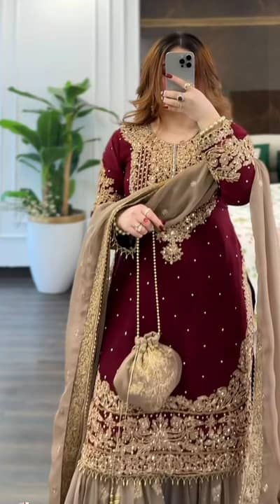 Maroon & Golden Bridal Dress / Lehenga – Once Worn