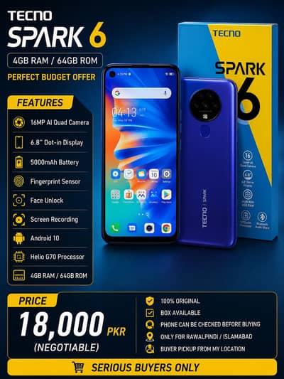 Tecno Spark 6 4GB 64GB | HELIO G70 | 5000MAH | BOX AVAILABLE