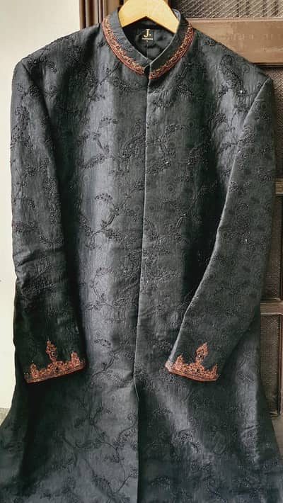 J. Black Embroidered Sherwani – Large Size | Like New