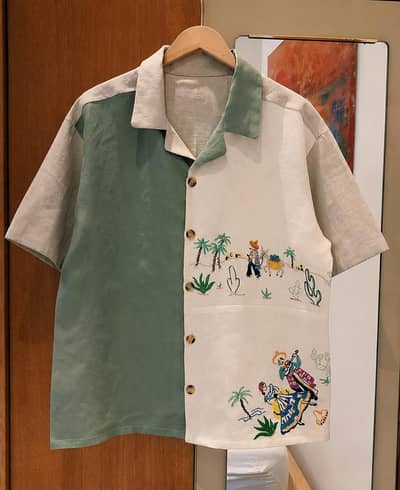 Sage & cream embroidered resort shirt