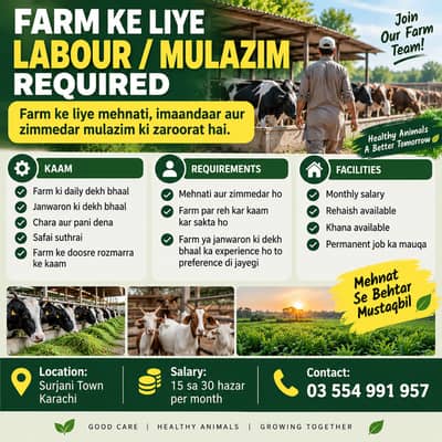 Farm Ke Liye Labour / Mulazim Required – Rehaish Available