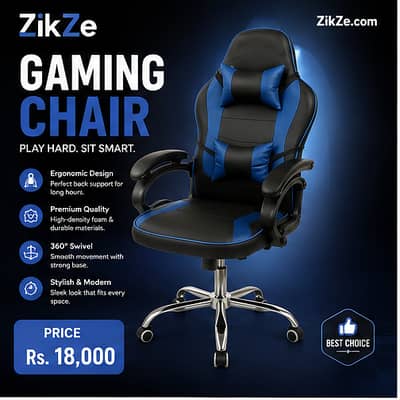 Gaming Chair  %10 Off | Black & Blue | 5 Wheel Steel Base | ZikZe