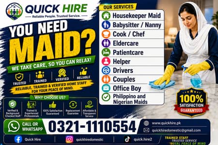 Maid Service Lahore | House Maid, Nanny, Cook, Driver & Patient Care
