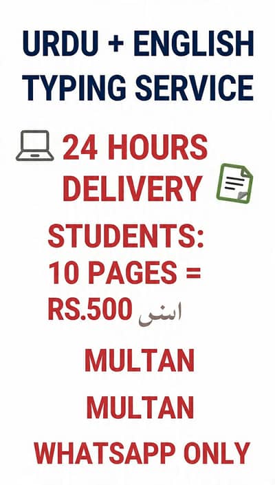 Urdu English Typing Service Multan | 24 Hours | Students Red. 500