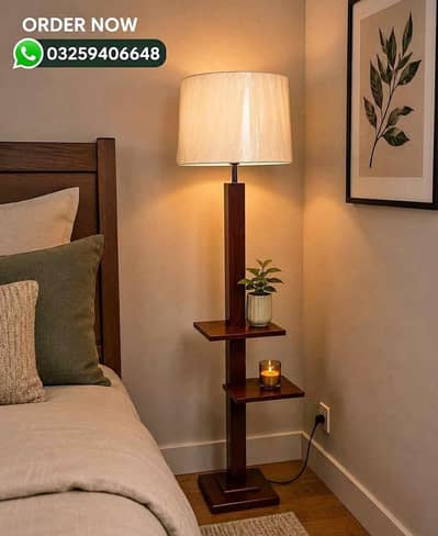 New wooden floor lamp with shelves