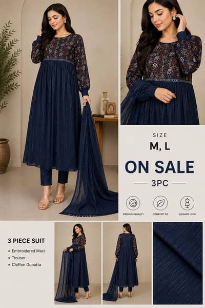 3pc embroidered blue maxi, trouser and dupatta.