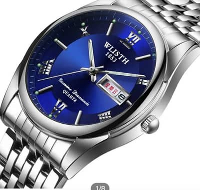 Men's Blue Dial Metal Wrist Watch with Day Date Calendar