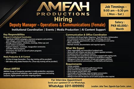 Deputy Manager – Operations & Communications (Female) Salary 60,000