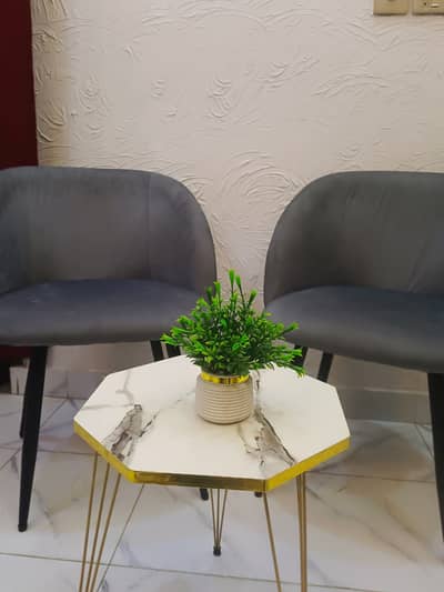Complete Coffee Set – 2 Chairs + 2 Marble Wood Tables -Whatsapp Only