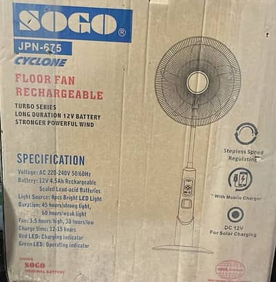 Brand new SOGO FLOOR + SOLAR FAN RECHARGABLE