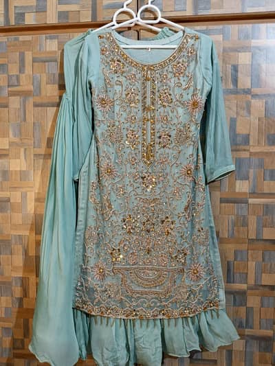 Sea Green Heavy Embroidered Sharara Suit