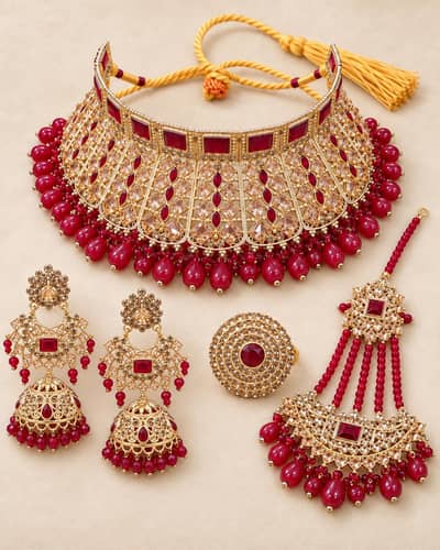 Bridal Jewellery Set – Ruby Red & Gold