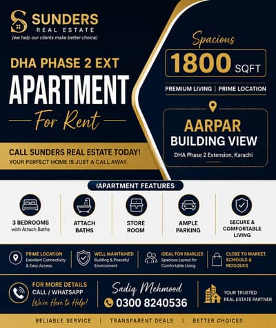 DHA Phase 2 Ext Rental: Spacious 1800 Sqft 3 Bed Apartment w/ Attach Baths, Storeroom & Ample Parking | Aarpar Building View | Call Sunders Real Estate Today!