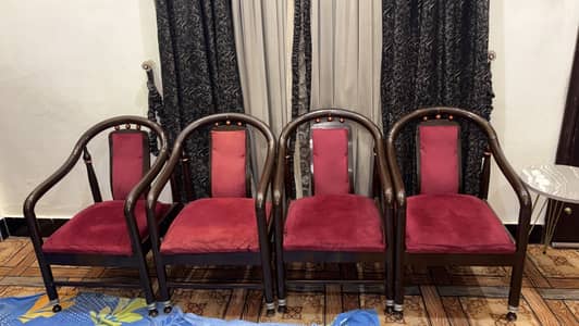 4 Pure Wooden Chairs Set with Red Velvet