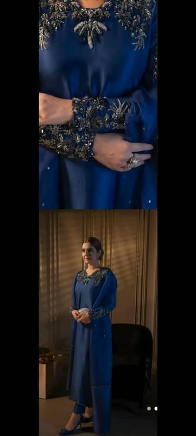 nevi blue dress with heavy embroidery hand work