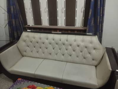 Sofa Set Leather Beige Colour with Dark brown wooden frame