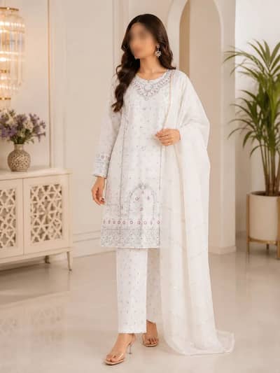 Women Cotton lawn Embroidered 3 Pcs Suit White