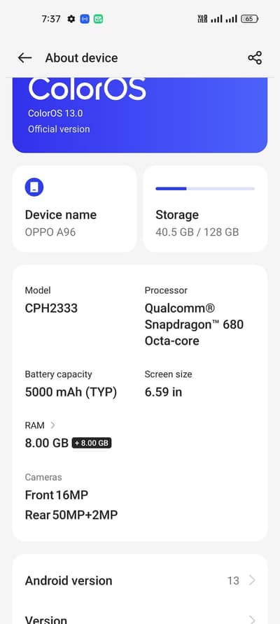 OPPO A96 8+8GB /128GB | PTA Approved