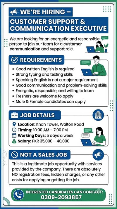 Customer Support & Chat Communication Executive – On-Site | 35K–40K