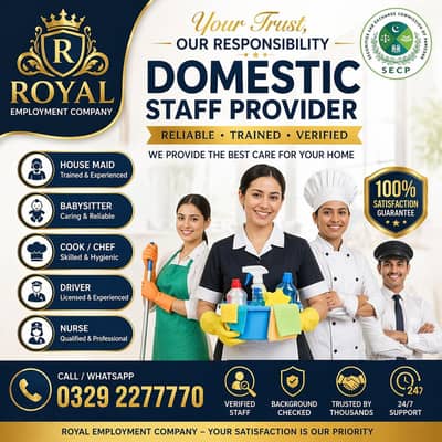 100% verified All Types Maids. Baby Care,Patient Care Cook Drivers