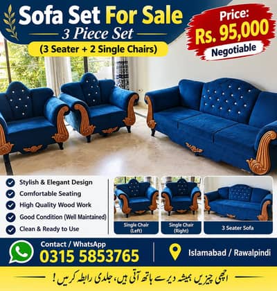 Premium Blue 3-Piece Sofa Set – Excellent Condition
