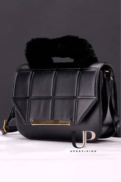 Black Rexine  crossbody bag with faux fur  Handle for girls