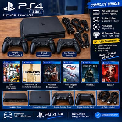 PS4 Slim 500GB + 3 Controllers + 6 Games | 2 Original Controllers