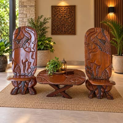 African Vintage Chairs with Center Table
