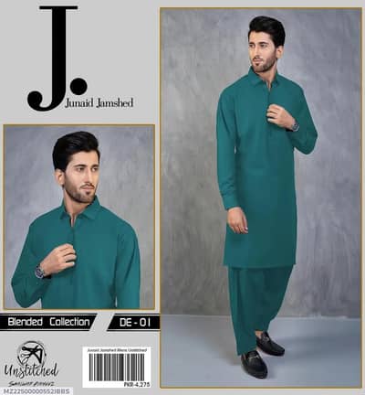 J. Men's Unstitched Wash and Wear Green Shalwar Kameez Suit