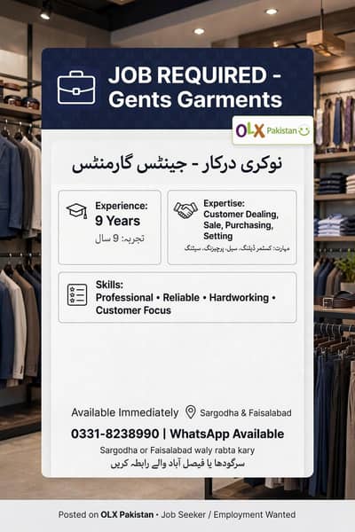 Gents Garments Job Required all over experience