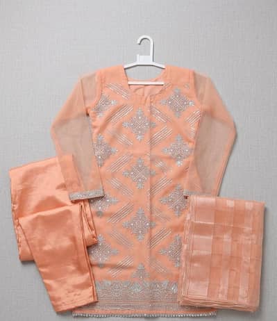 Fancy Peach 3-Piece Designer Dress with Banarsi Trouser for sale