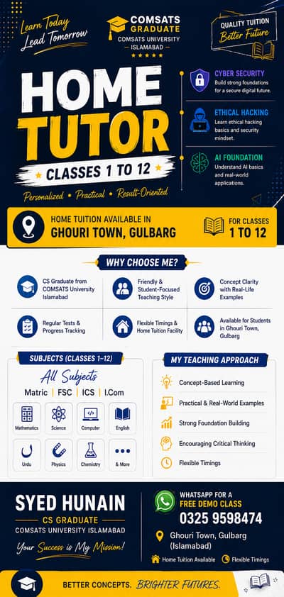COMSATS Graduate Home Tutor | Classes 1-12 All Subjects