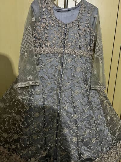  Beautiful Girls Party Wear Embroidered Net Dress – Grey/Silver