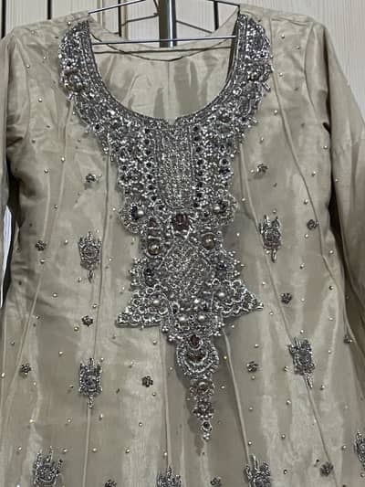 Beige & Silver Heavy Embroidered Girls Party Wear Dress