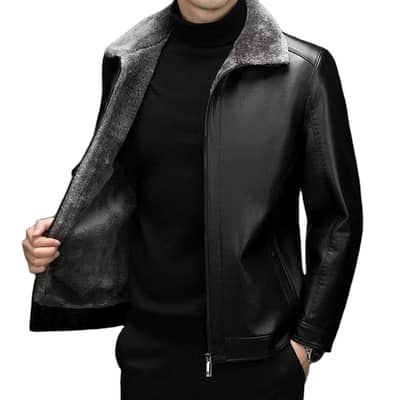 Men’s Genuine Leather Jacket with Warm Fleece Wool Lining – Premium Wi