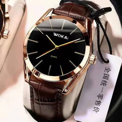 Wokai Men's Black Leather Strap Quartz Watch