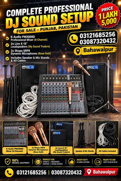Complete DJ Sound Setup, PMX808D Mixer, 2Big 15" Speakers, mics stands