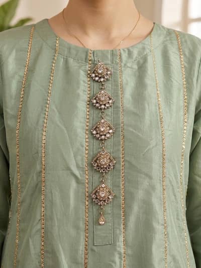 Mint Green Embroidered 3-Piece Suit | Net Dupatta | Formal Wear