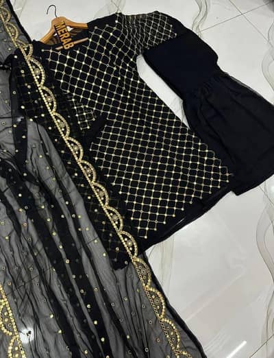 Premium Chiffon 3 Piece Mirror Work Suit - Party Wear Sharara Dress
