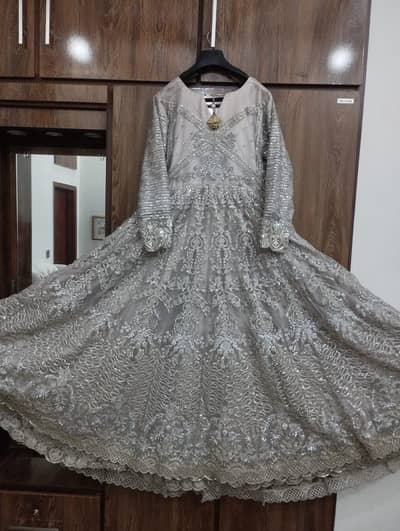 Heavy Silver Grey Bridal Walima maxi with Dupatta & Potli Bag