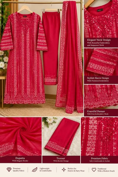 Beautiful Red 3-Piece Embroidered Suit | Ladies Dress