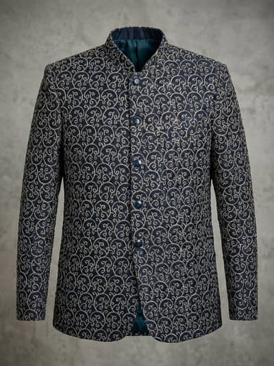 Men's Navy Blue Embroidered Prince Coat Small Size Wedding Sherwani.