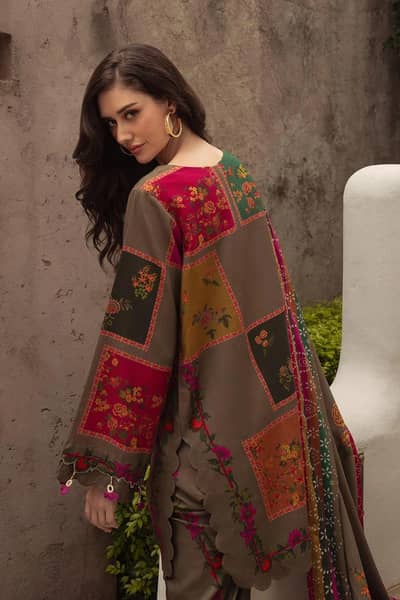 3-Piece Printed Lawn Suit Brown Floral | Eid Wear | COD