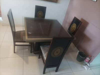 Wooden Dining Table Set with 4  Chairs with 12mm Thick Glass - URGENT