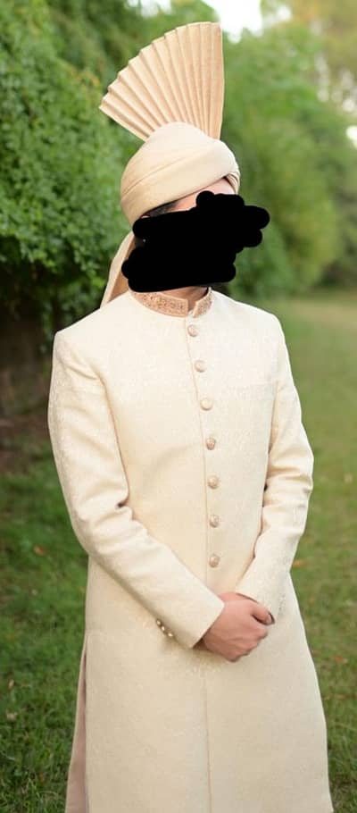 Sherwani + Kulla + matching shoes. Self Embroidery