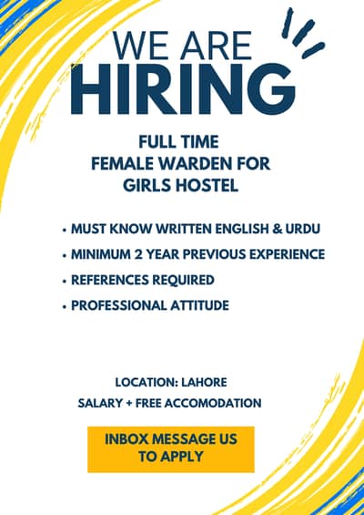 HIRING FEMALE WARDEN for Girls Hostel FULL TIME LAHORE