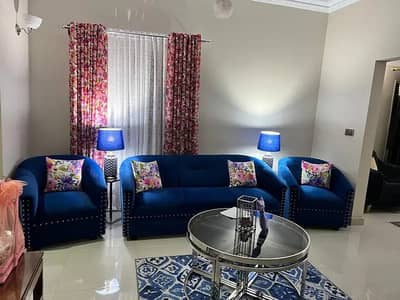 PREMIUM SHEESHAM WOOD 5 SEATER SOFA SET -BLUE-EXCELLENT CONDITION
