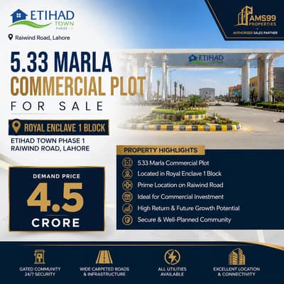 5.33 Marla Commercial Plot for Sale in Royal Enclave 1, Etihad Town Phase 1, Raiwind Road Lahore