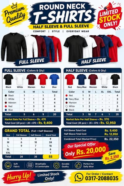 Premium Round Neck T-Shirts – Full & Half Sleeves | Limited Stock