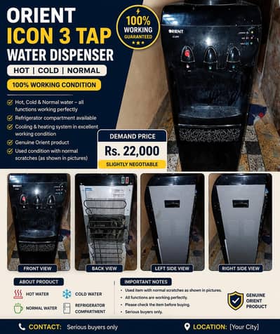 Orient Icon 3 Tap Water Dispenser | Hot Cold Normal | 100% Working